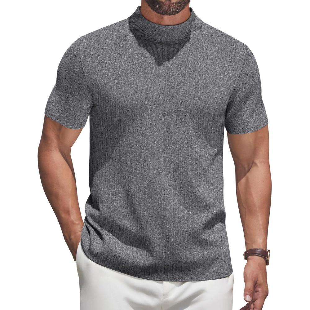imageCOOFANDY Mens Mock Turtleneck Sweater Short Sleeve Casual Knitted TShirts Thermal Tops Solid Basic TeeDark Grey