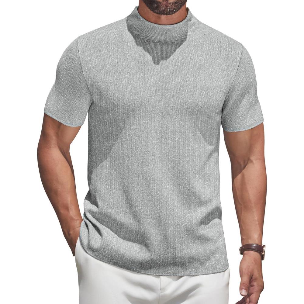 imageCOOFANDY Mens Mock Turtleneck Sweater Short Sleeve Casual Knitted TShirts Thermal Tops Solid Basic TeeLight Grey