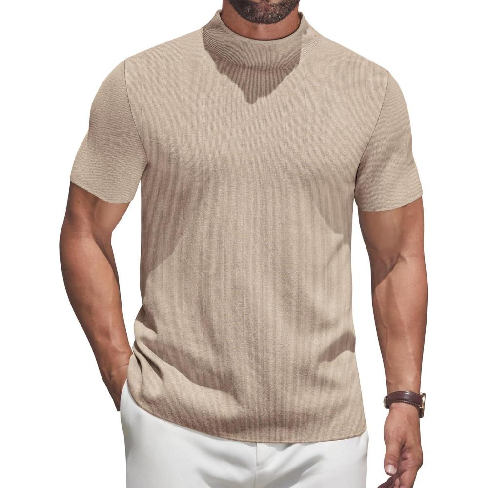 imageCOOFANDY Mens Mock Turtleneck Sweater Short Sleeve Casual Knitted TShirts Thermal Tops Solid Basic TeeLight Khaki
