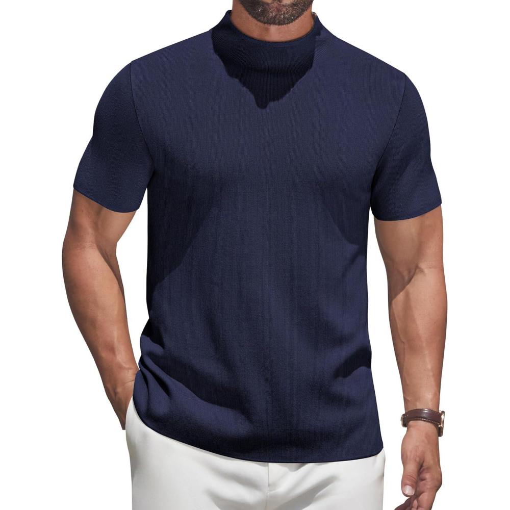 imageCOOFANDY Mens Mock Turtleneck Sweater Short Sleeve Casual Knitted TShirts Thermal Tops Solid Basic TeeNavy Blue