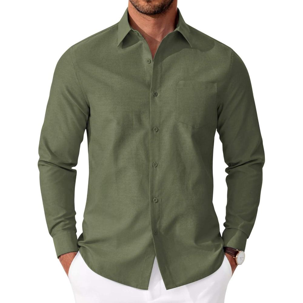 imageCOOFANDY Mens Oxford Shirt Long Sleeve Casual Button Down Shirts Soild Dress Shirts with PocketArmy Green