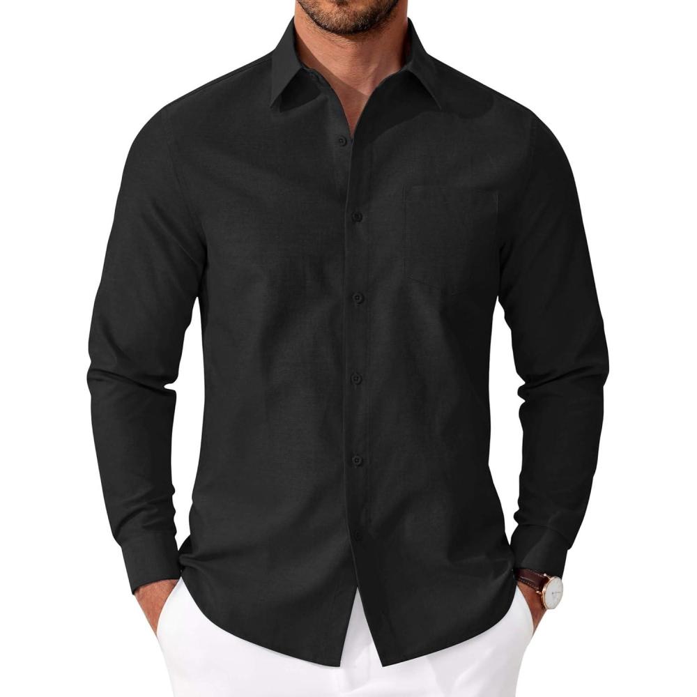 imageCOOFANDY Mens Oxford Shirt Long Sleeve Casual Button Down Shirts Soild Dress Shirts with PocketBlack