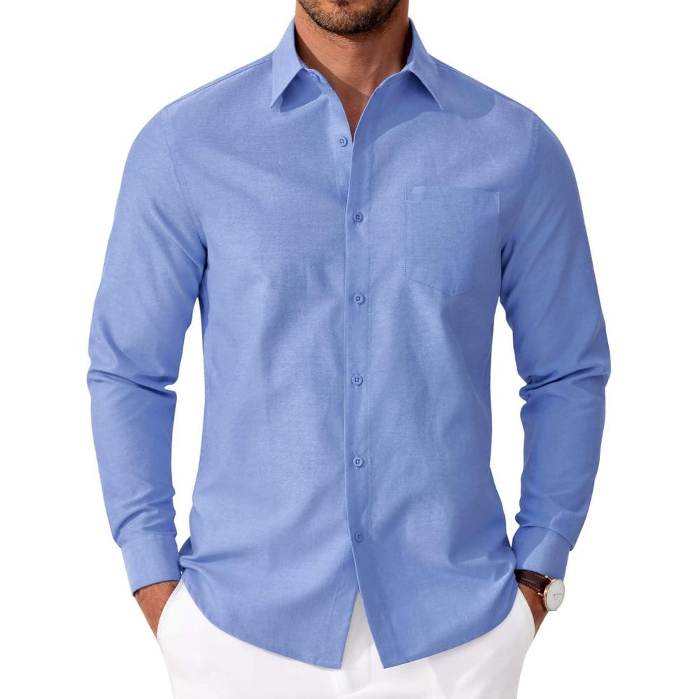 imageCOOFANDY Mens Oxford Shirt Long Sleeve Casual Button Down Shirts Soild Dress Shirts with PocketBlue
