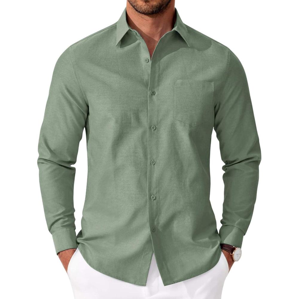imageCOOFANDY Mens Oxford Shirt Long Sleeve Casual Button Down Shirts Soild Dress Shirts with PocketGreen