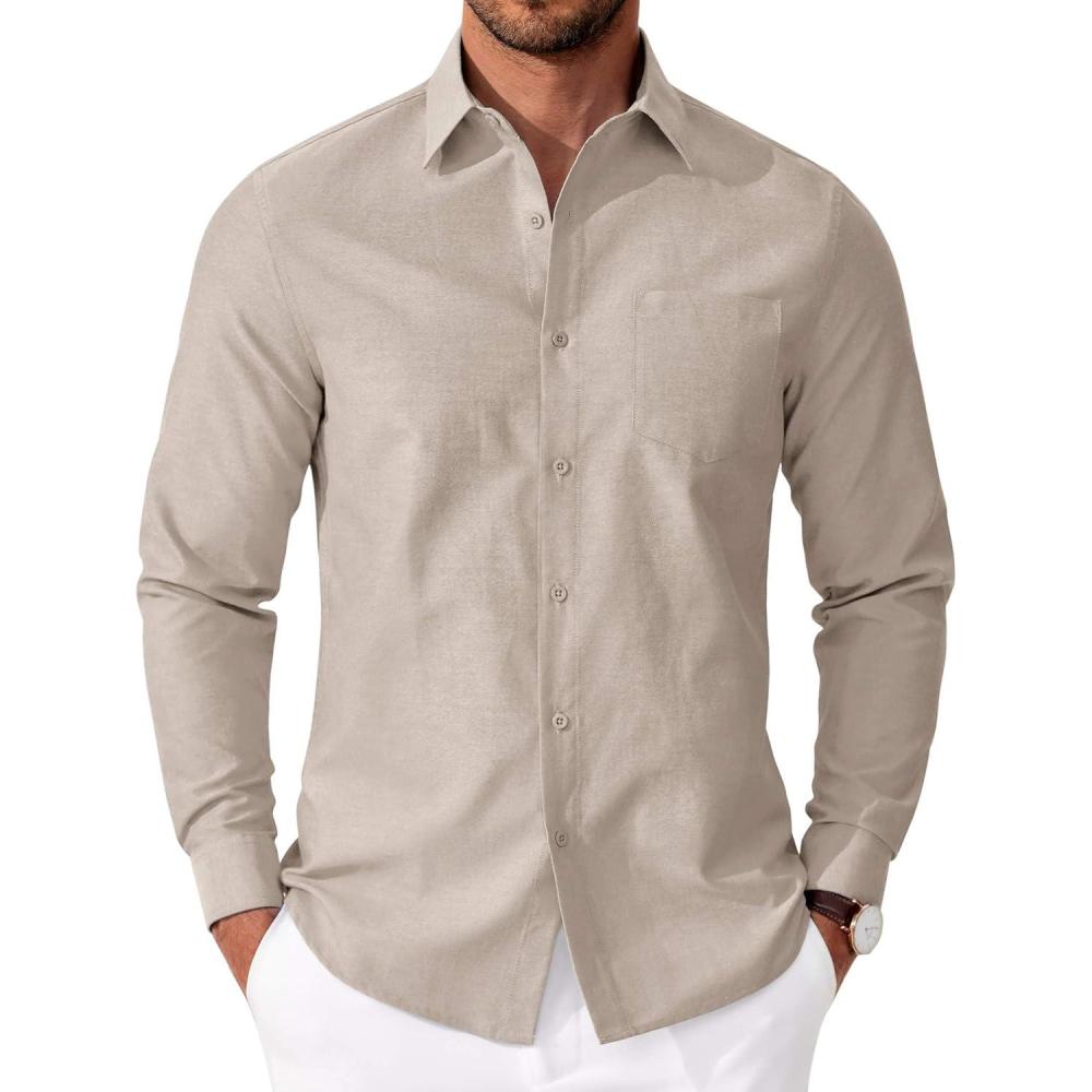 imageCOOFANDY Mens Oxford Shirt Long Sleeve Casual Button Down Shirts Soild Dress Shirts with PocketKhaki