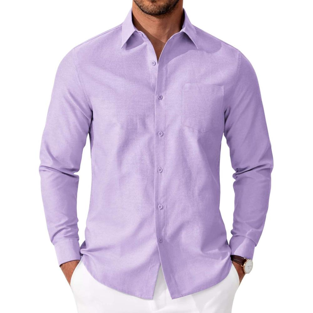 imageCOOFANDY Mens Oxford Shirt Long Sleeve Casual Button Down Shirts Soild Dress Shirts with PocketLavender