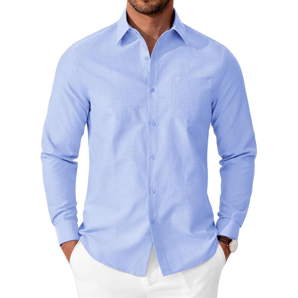 imageCOOFANDY Mens Oxford Shirt Long Sleeve Casual Button Down Shirts Soild Dress Shirts with PocketLight Blue