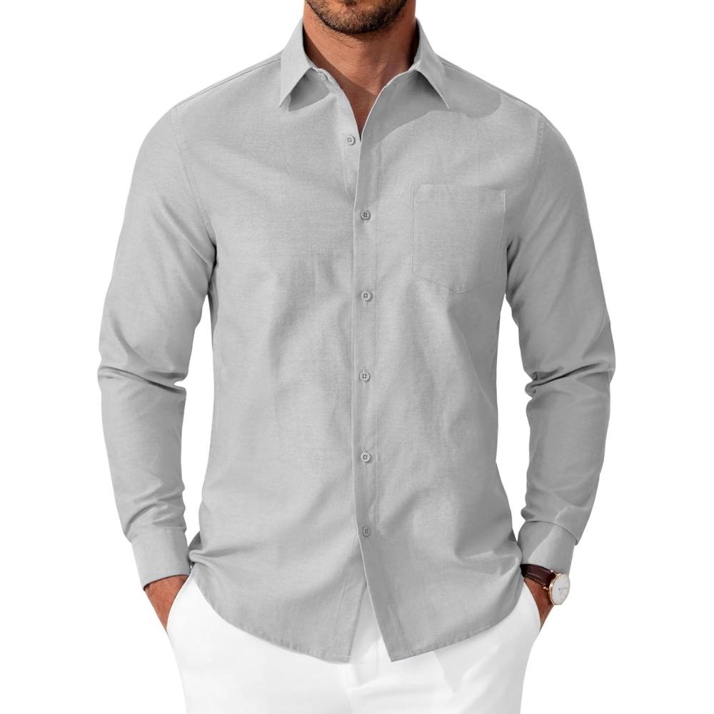 imageCOOFANDY Mens Oxford Shirt Long Sleeve Casual Button Down Shirts Soild Dress Shirts with PocketLight Grey