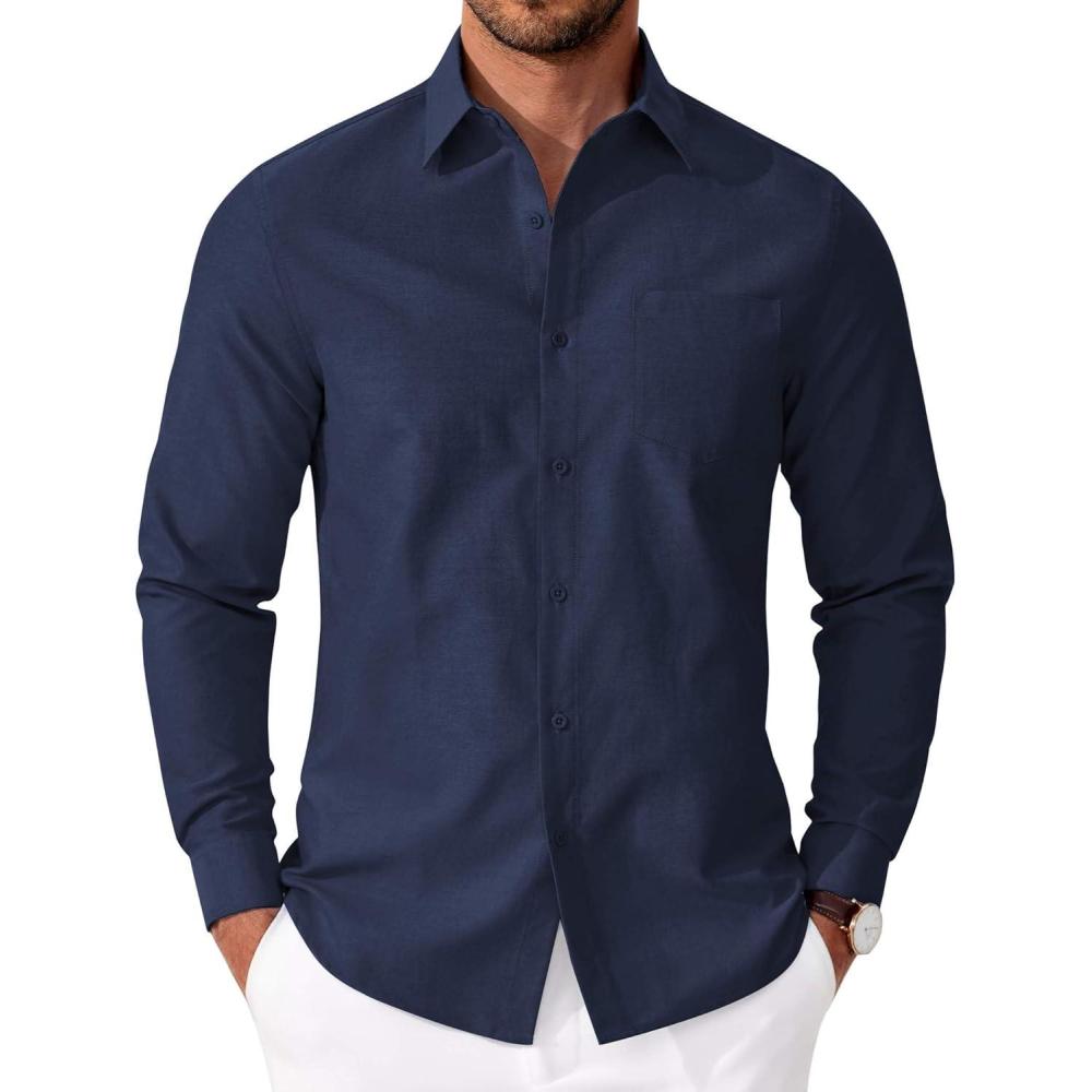 imageCOOFANDY Mens Oxford Shirt Long Sleeve Casual Button Down Shirts Soild Dress Shirts with PocketNavy Blue