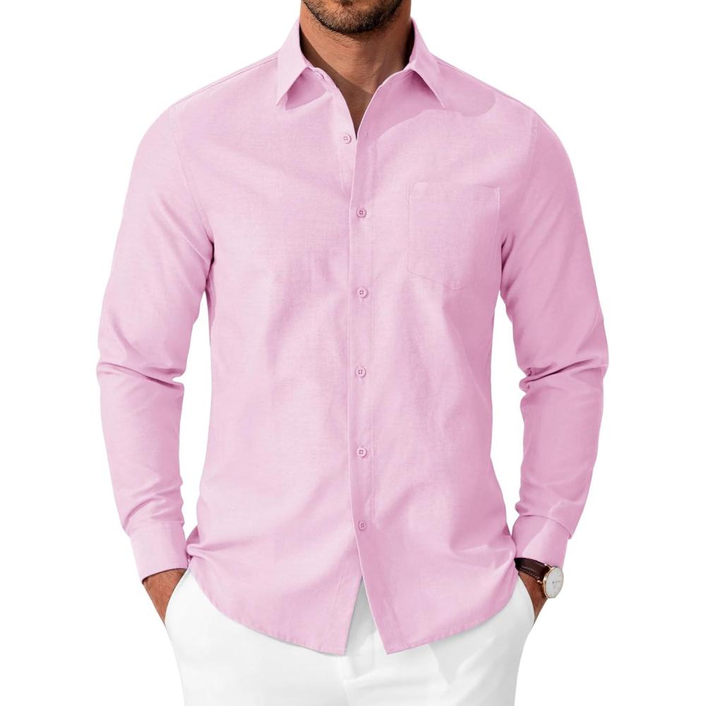 imageCOOFANDY Mens Oxford Shirt Long Sleeve Casual Button Down Shirts Soild Dress Shirts with PocketPink