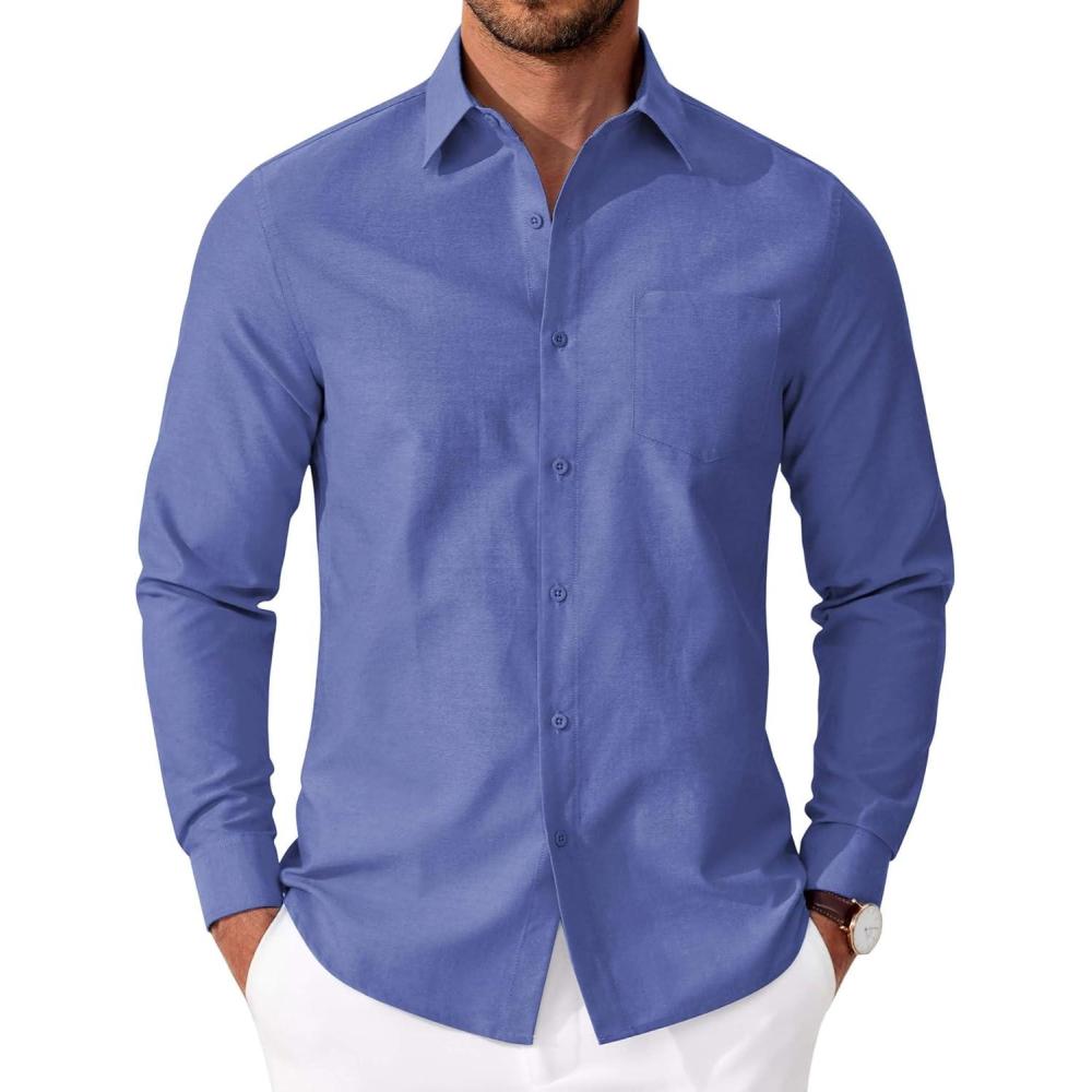 imageCOOFANDY Mens Oxford Shirt Long Sleeve Casual Button Down Shirts Soild Dress Shirts with PocketRoyal Azure