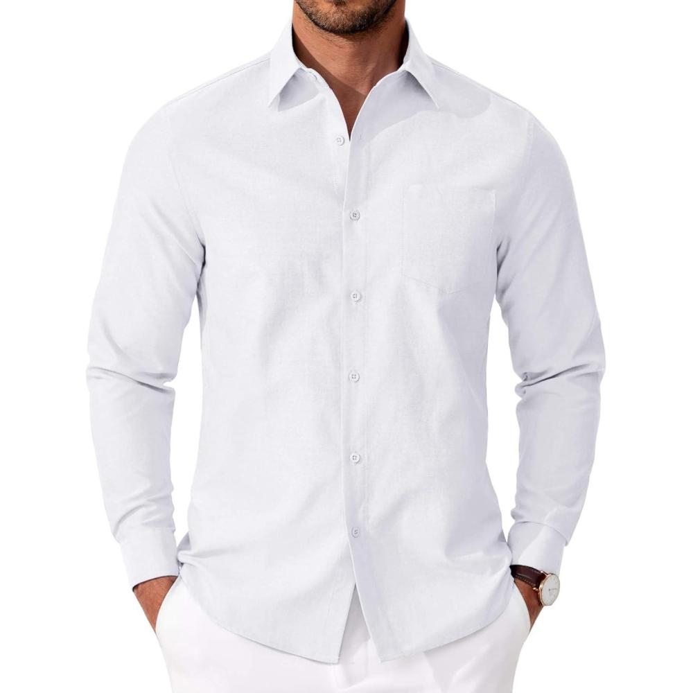 imageCOOFANDY Mens Oxford Shirt Long Sleeve Casual Button Down Shirts Soild Dress Shirts with PocketWhite
