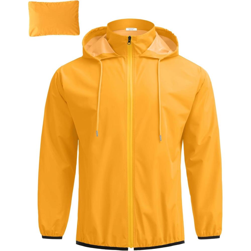 imageCOOFANDY Mens Packable Rain Jacket Lightweight Waterproof Raincoat with Hood Travel Hiking Golf WindbreakerGolden Yellow