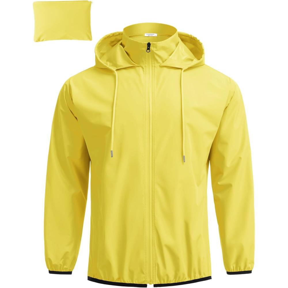 imageCOOFANDY Mens Packable Rain Jacket Lightweight Waterproof Raincoat with Hood Travel Hiking Golf WindbreakerYellow