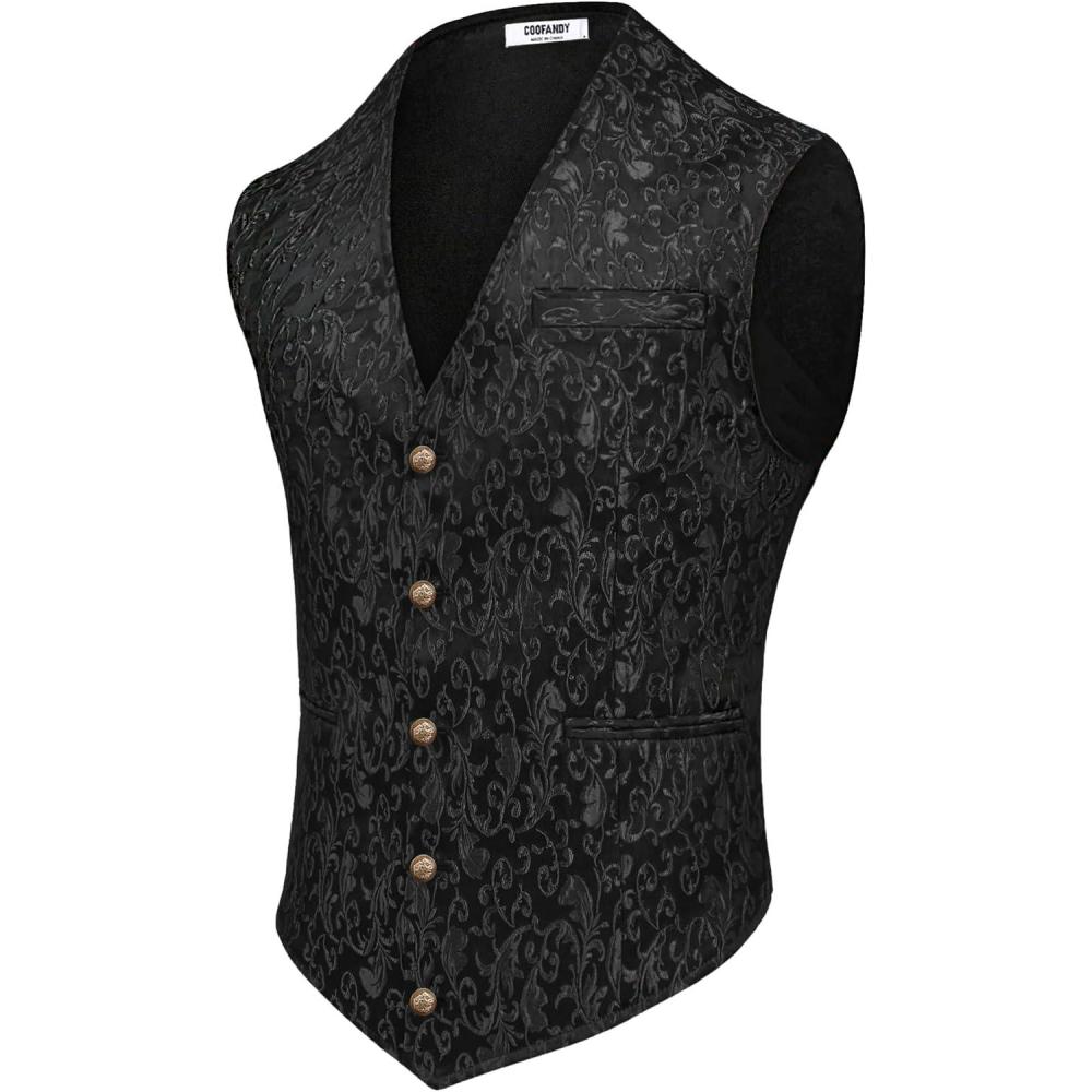 imageCOOFANDY Mens Paisley Tuxedo Vest Victorian Steampunk Gothic Suit Vest Slim Fit VNeck WaistcoatBlack Filigree
