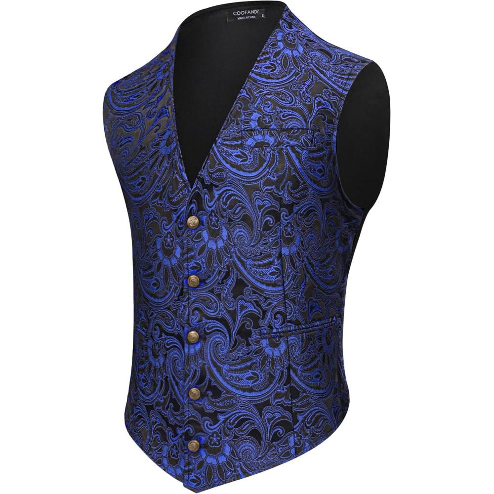 imageCOOFANDY Mens Paisley Tuxedo Vest Victorian Steampunk Gothic Suit Vest Slim Fit VNeck WaistcoatBlue