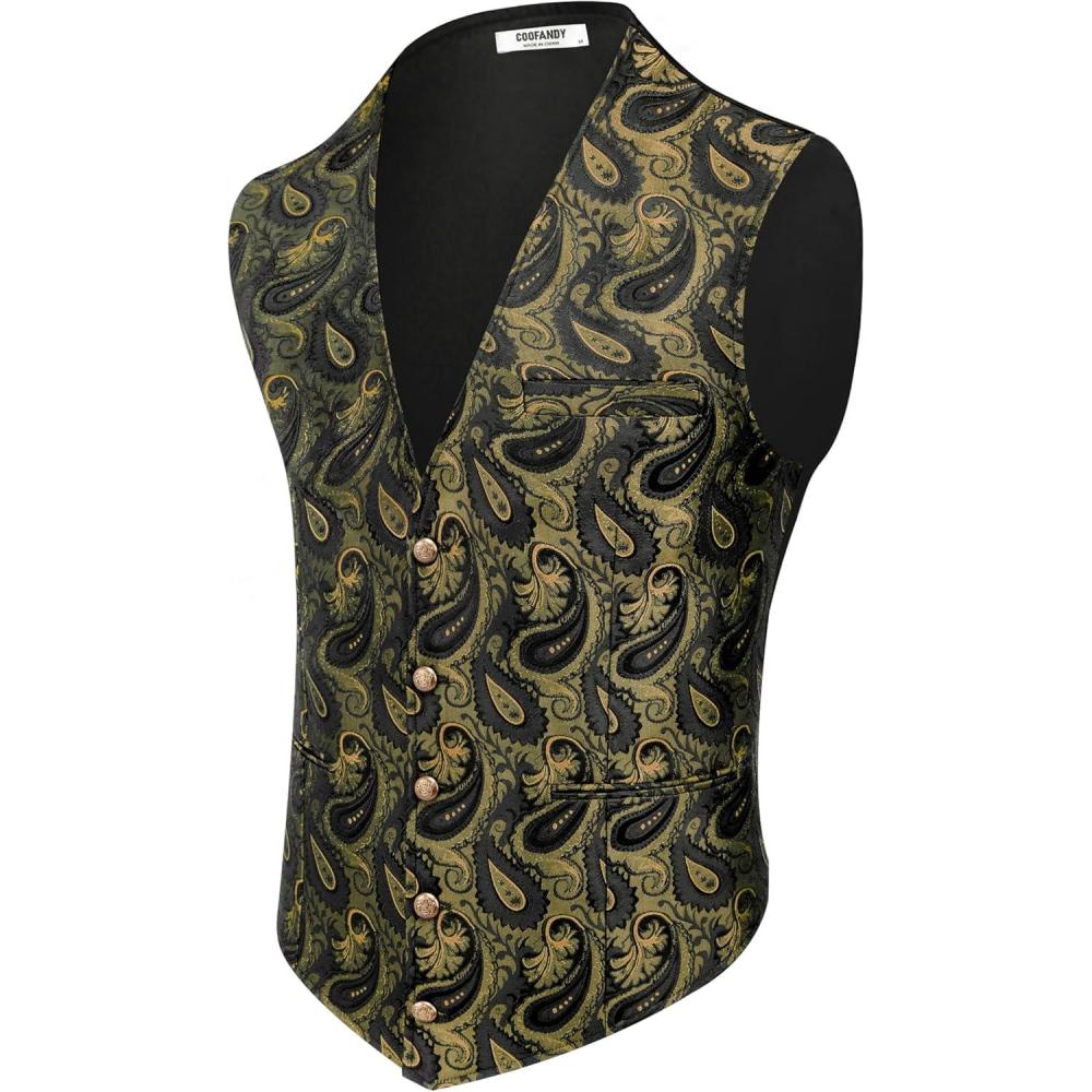imageCOOFANDY Mens Paisley Tuxedo Vest Victorian Steampunk Gothic Suit Vest Slim Fit VNeck WaistcoatGolden Paisley