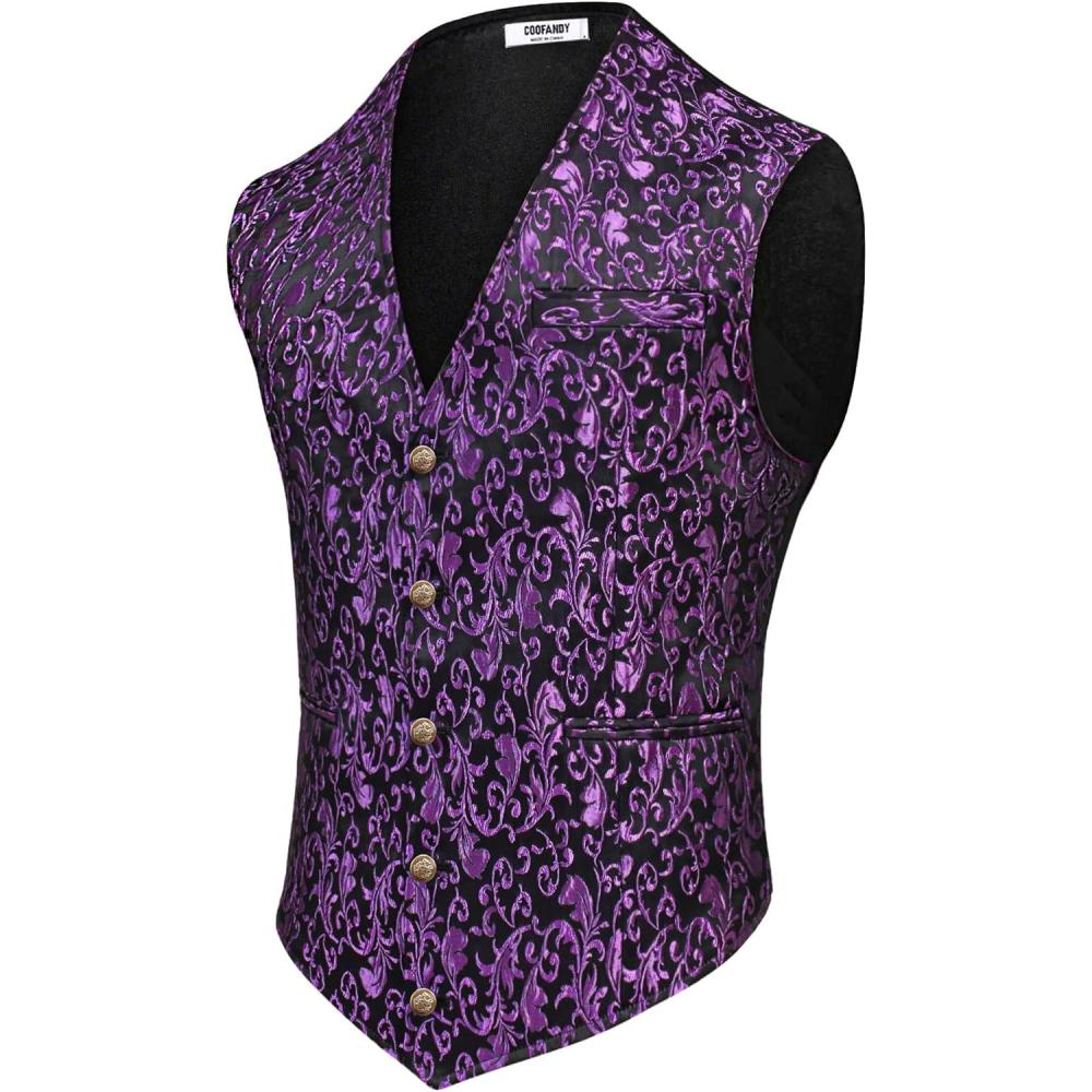 imageCOOFANDY Mens Paisley Tuxedo Vest Victorian Steampunk Gothic Suit Vest Slim Fit VNeck WaistcoatPurple Filigree