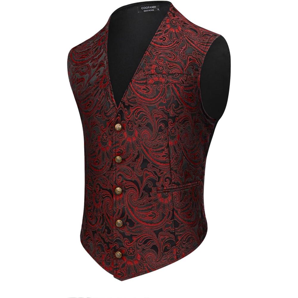 imageCOOFANDY Mens Paisley Tuxedo Vest Victorian Steampunk Gothic Suit Vest Slim Fit VNeck WaistcoatWine Red