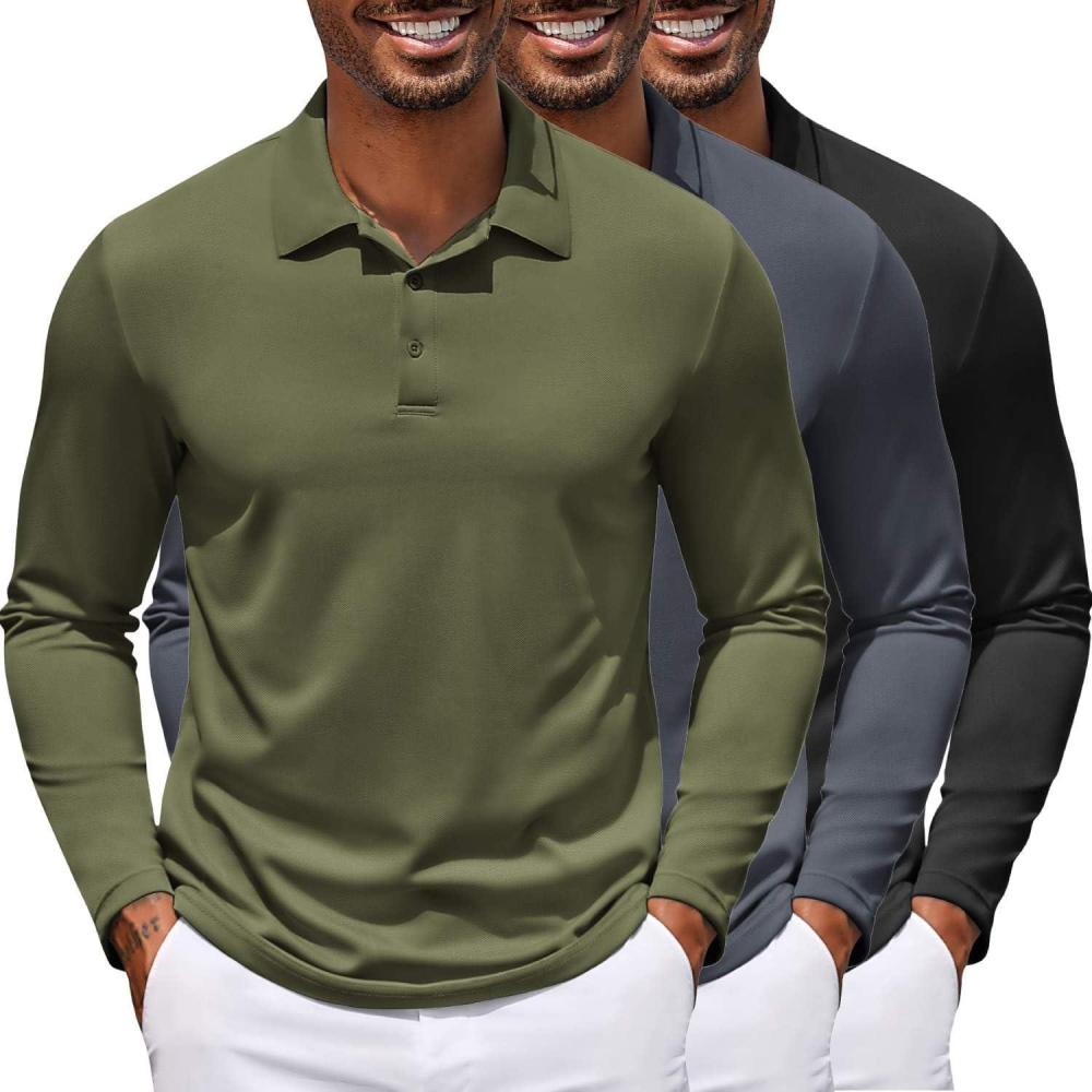 imageCOOFANDY Mens Polo Shirt Long Sleeve Moisture Wicking Golf Shirts Sun Protection Collared Work Shirts3 Pack Black  Dark Grey  Army Green