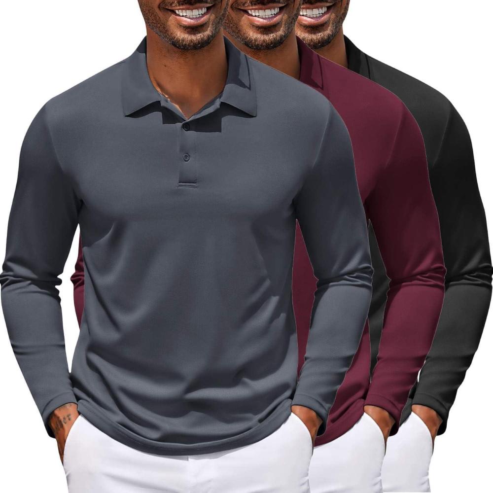imageCOOFANDY Mens Polo Shirt Long Sleeve Moisture Wicking Golf Shirts Sun Protection Collared Work Shirts3 Pack Black Dark Grey Wine Red