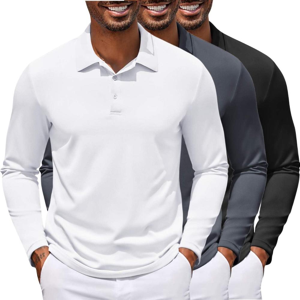imageCOOFANDY Mens Polo Shirt Long Sleeve Moisture Wicking Golf Shirts Sun Protection Collared Work Shirts3 Pack Black White Dark Grey
