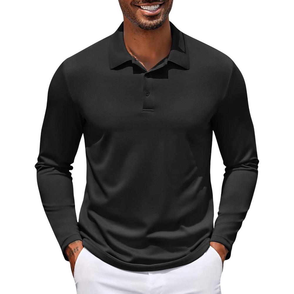 imageCOOFANDY Mens Polo Shirt Long Sleeve Moisture Wicking Golf Shirts Sun Protection Collared Work ShirtsBlack