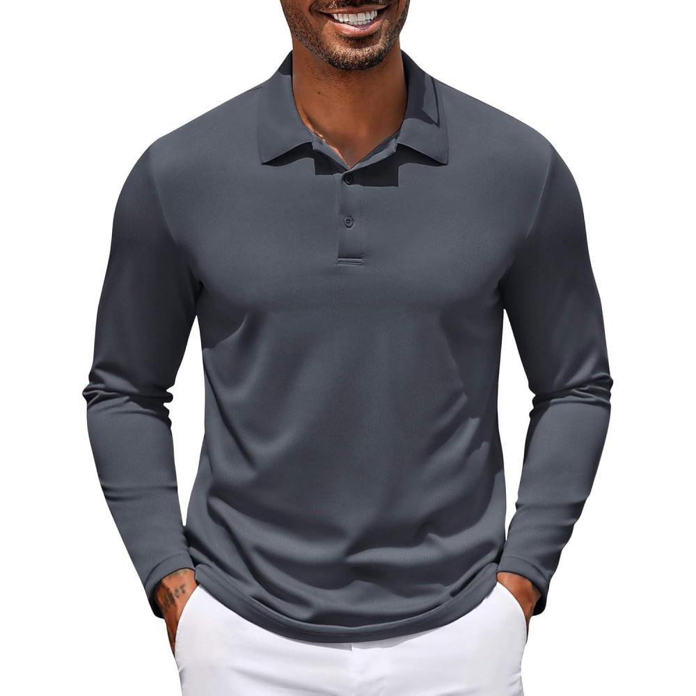 imageCOOFANDY Mens Polo Shirt Long Sleeve Moisture Wicking Golf Shirts Sun Protection Collared Work ShirtsDark Grey