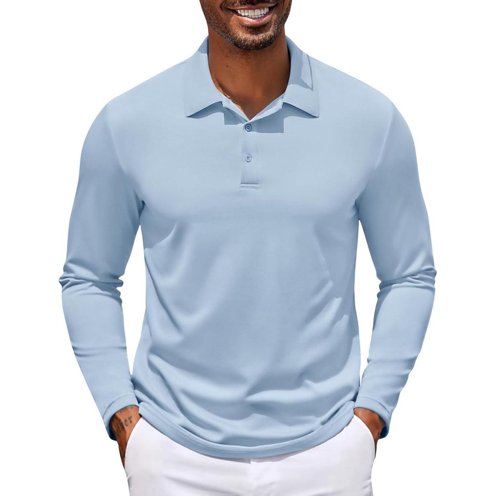 imageCOOFANDY Mens Polo Shirt Long Sleeve Moisture Wicking Golf Shirts Sun Protection Collared Work ShirtsLight Blue