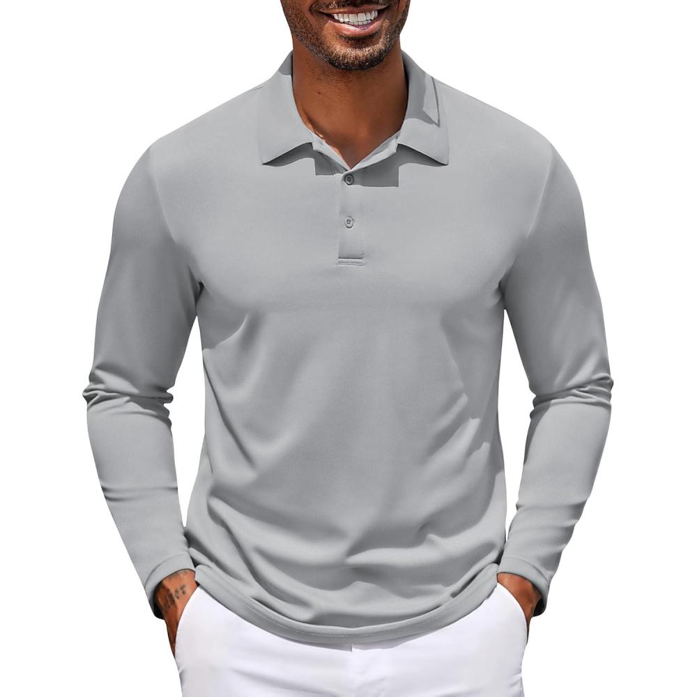 imageCOOFANDY Mens Polo Shirt Long Sleeve Moisture Wicking Golf Shirts Sun Protection Collared Work ShirtsLight Grey