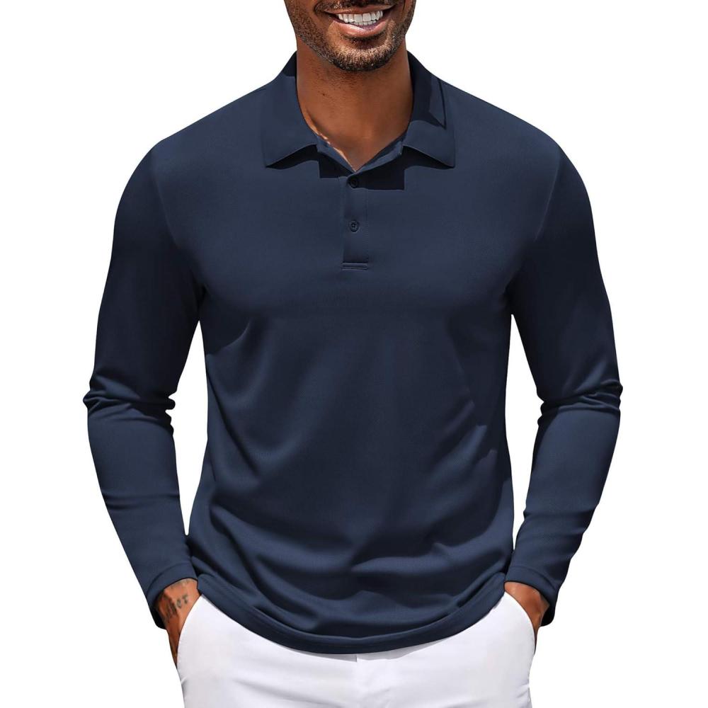 imageCOOFANDY Mens Polo Shirt Long Sleeve Moisture Wicking Golf Shirts Sun Protection Collared Work ShirtsNavy Blue
