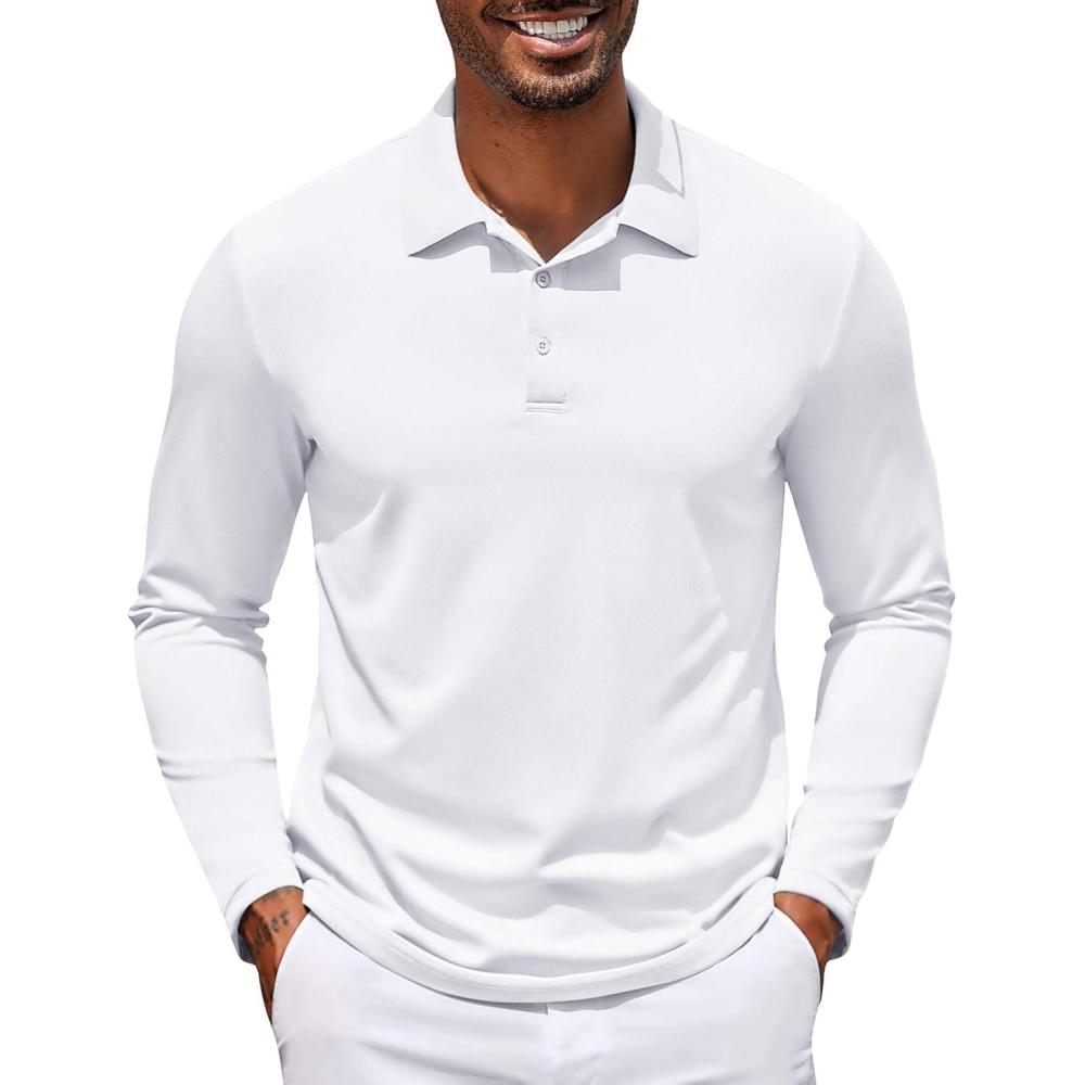 imageCOOFANDY Mens Polo Shirt Long Sleeve Moisture Wicking Golf Shirts Sun Protection Collared Work ShirtsWhite