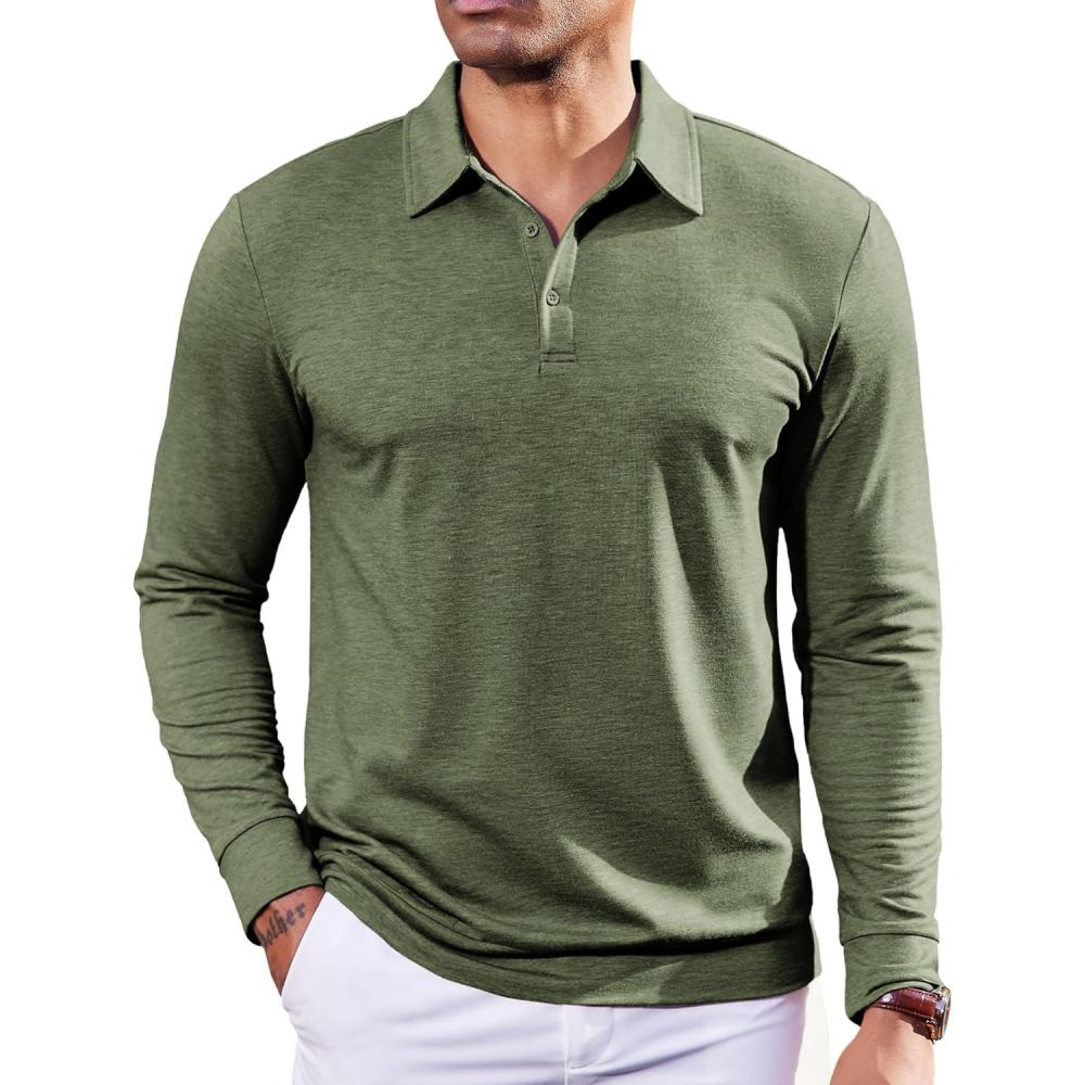 imageCOOFANDY Mens Polo Shirts Long Sleeve Casual Lightweigt Golf Polos Button Collared TshirtArmy Green