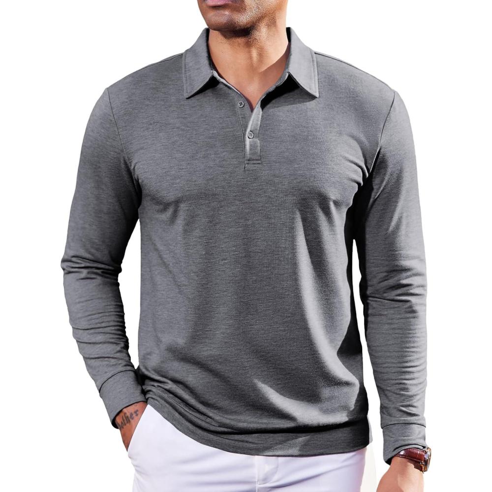 imageCOOFANDY Mens Polo Shirts Long Sleeve Casual Lightweigt Golf Polos Button Collared TshirtDark Gray