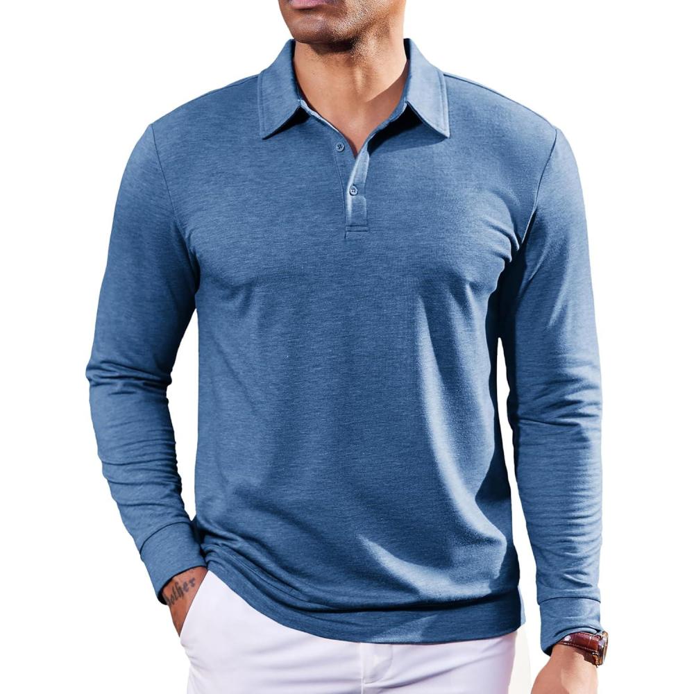imageCOOFANDY Mens Polo Shirts Long Sleeve Casual Lightweigt Golf Polos Button Collared TshirtDemin Blue