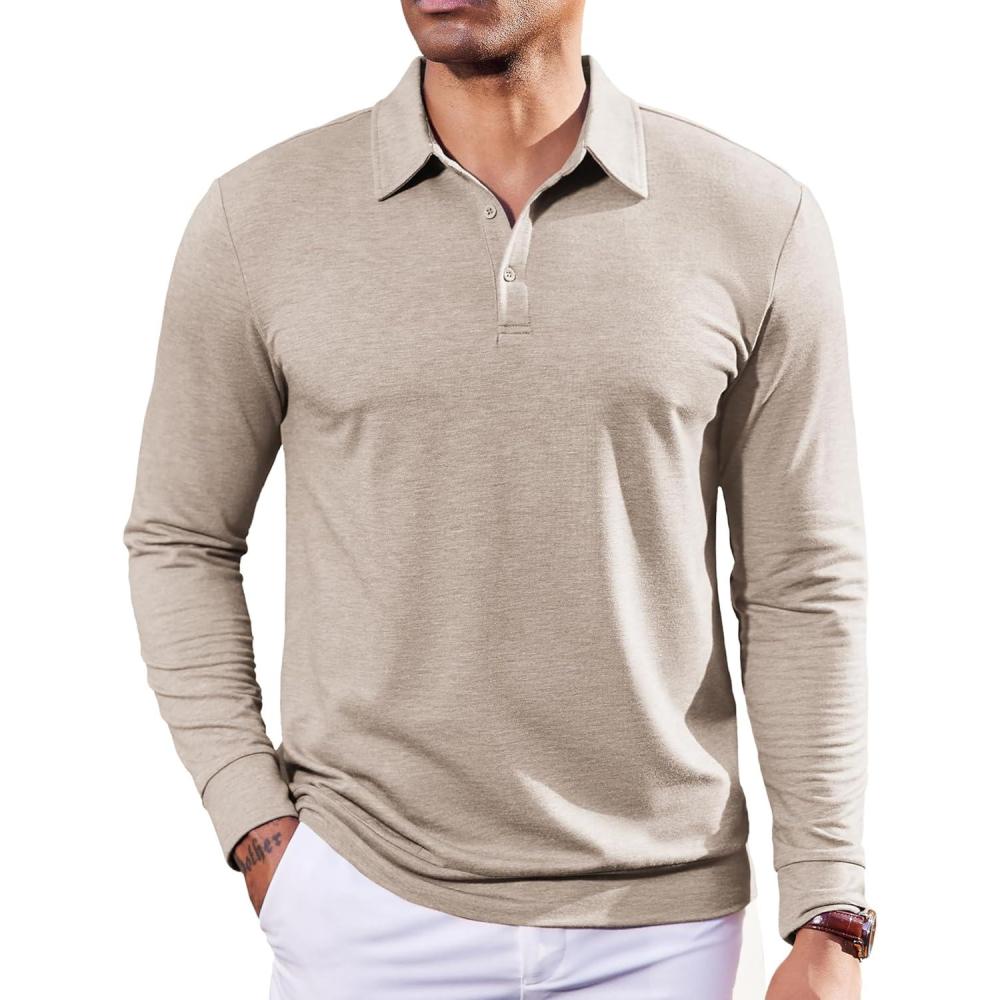 imageCOOFANDY Mens Polo Shirts Long Sleeve Casual Lightweigt Golf Polos Button Collared TshirtKhaki
