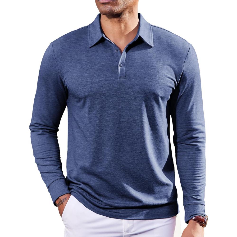 imageCOOFANDY Mens Polo Shirts Long Sleeve Casual Lightweigt Golf Polos Button Collared TshirtNavy Blue
