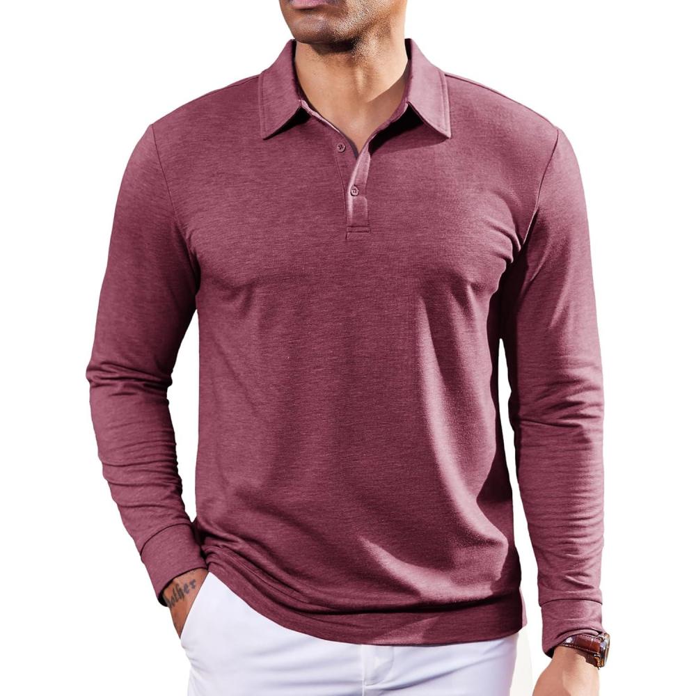 imageCOOFANDY Mens Polo Shirts Long Sleeve Casual Lightweigt Golf Polos Button Collared TshirtWine Red