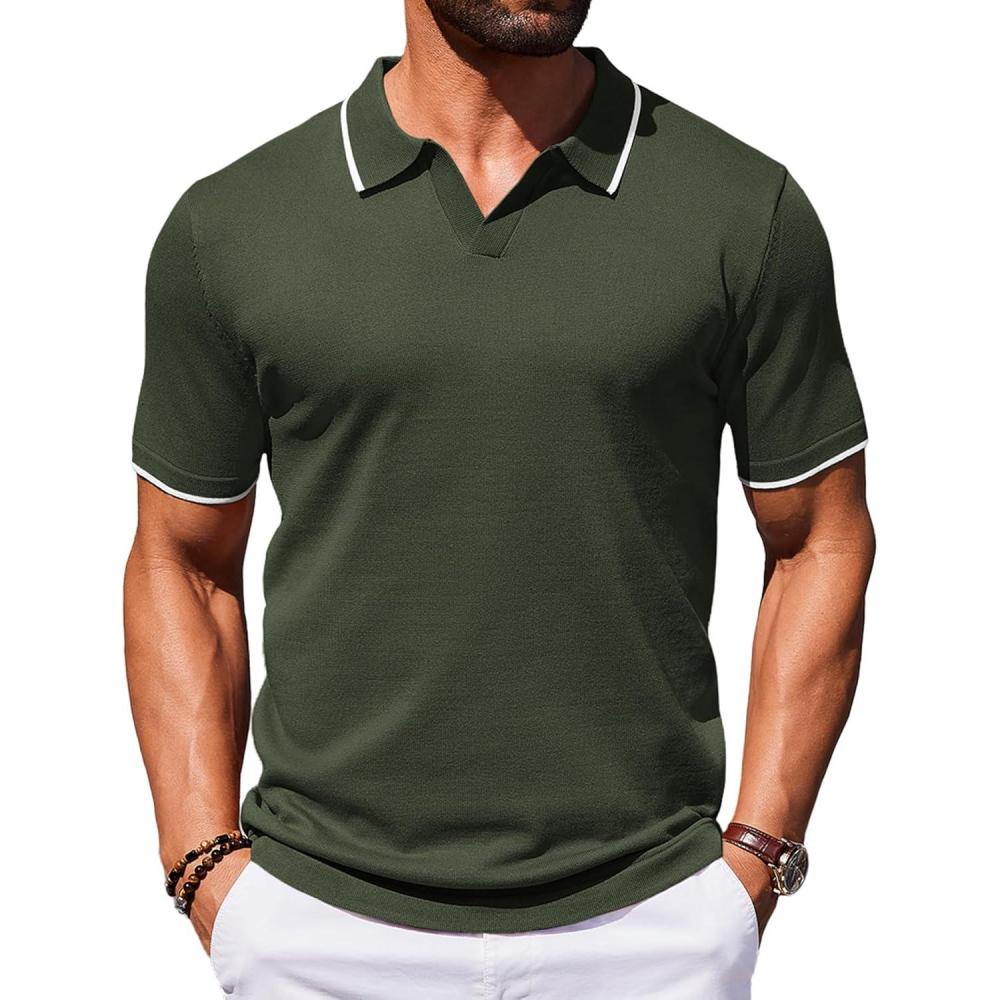 imageCOOFANDY Mens Polo Shirts Short Sleeve Casual Knit Polo Shirt Vintage Golf T Shirts Old Money TopsArmy Green