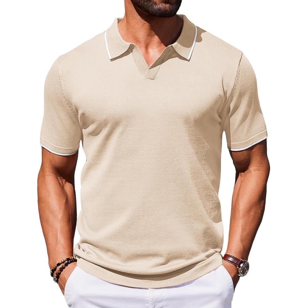 imageCOOFANDY Mens Polo Shirts Short Sleeve Casual Knit Polo Shirt Vintage Golf T Shirts Old Money TopsChampagne