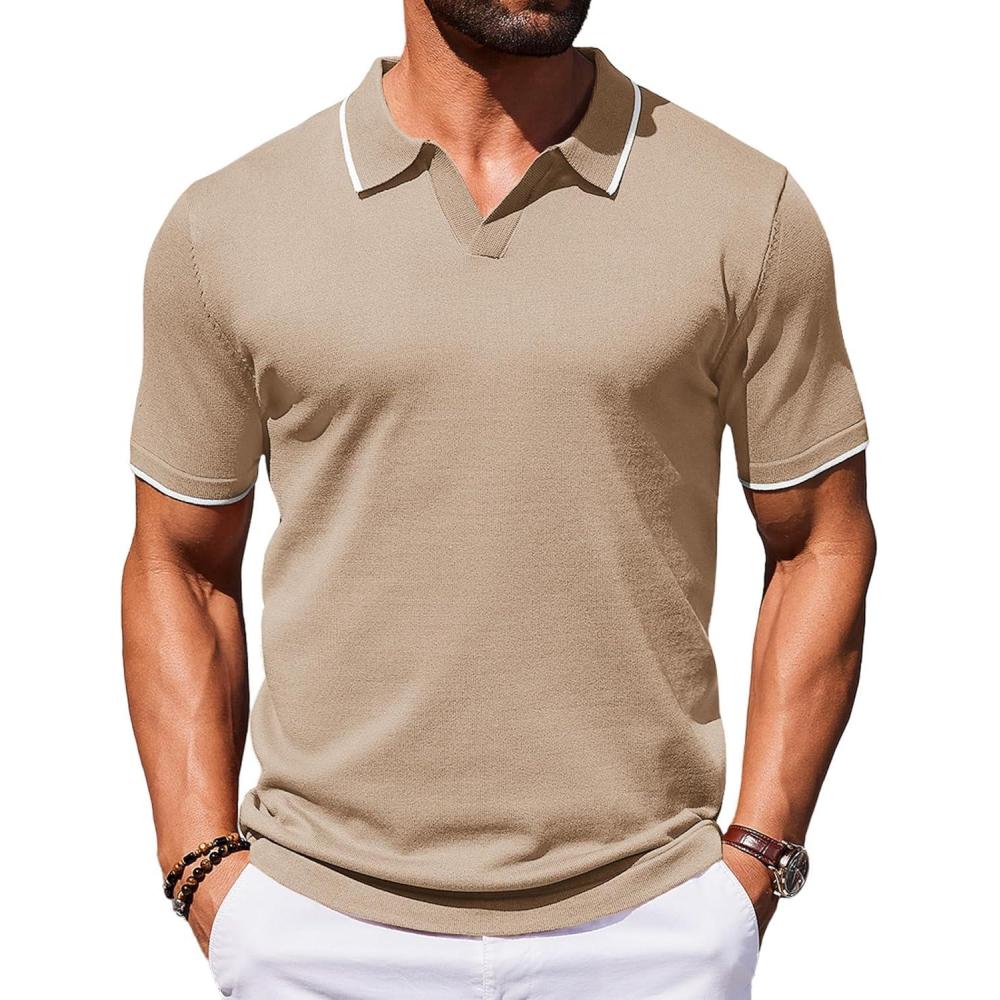 imageCOOFANDY Mens Polo Shirts Short Sleeve Casual Knit Polo Shirt Vintage Golf T Shirts Old Money TopsKhaki