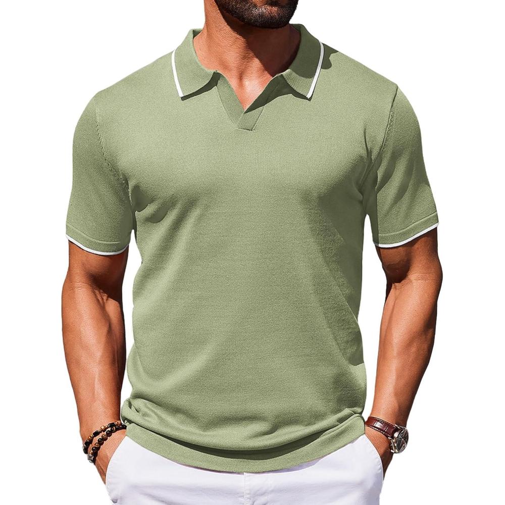imageCOOFANDY Mens Polo Shirts Short Sleeve Casual Knit Polo Shirt Vintage Golf T Shirts Old Money TopsLight Green