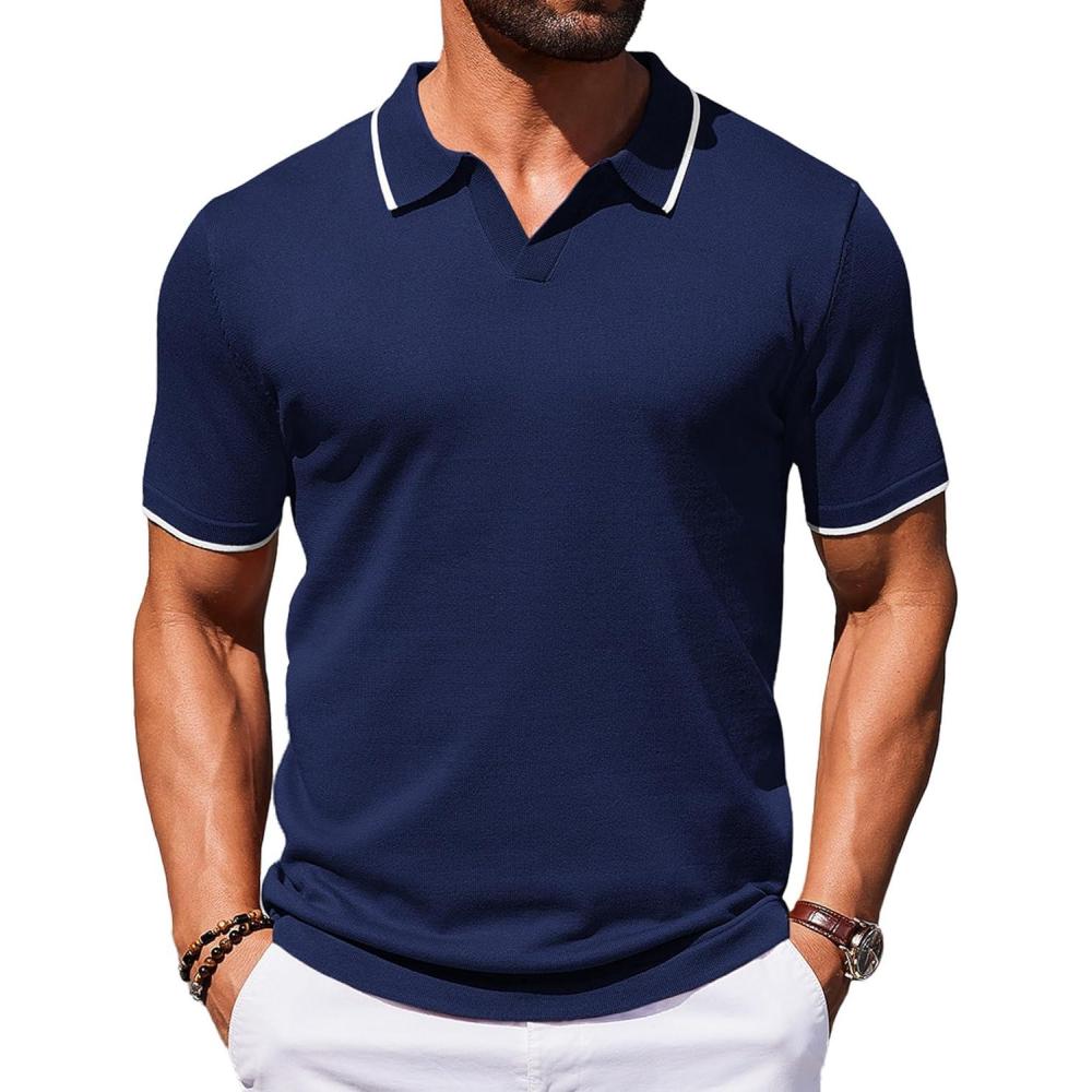 imageCOOFANDY Mens Polo Shirts Short Sleeve Casual Knit Polo Shirt Vintage Golf T Shirts Old Money TopsNavy Blue