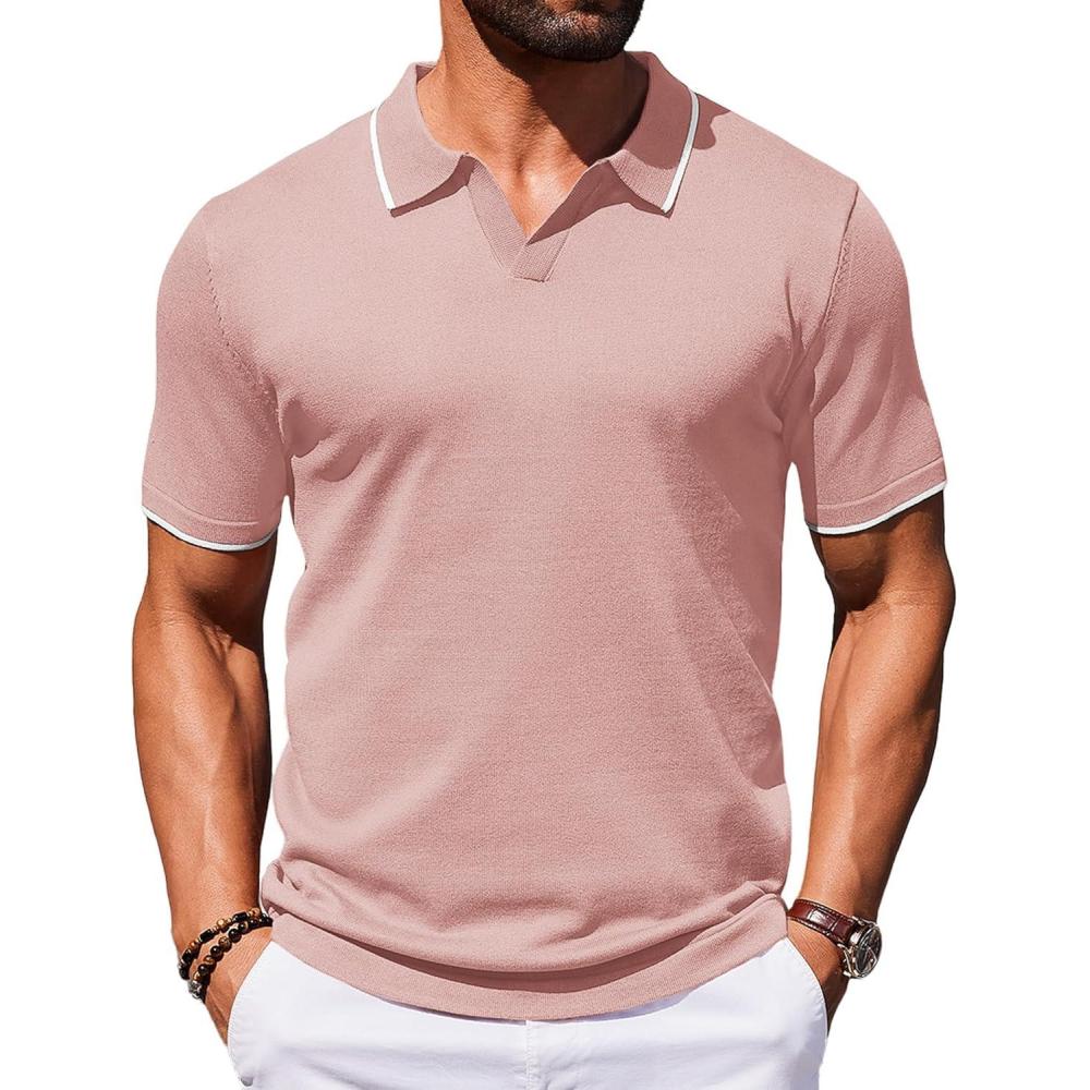 imageCOOFANDY Mens Polo Shirts Short Sleeve Casual Knit Polo Shirt Vintage Golf T Shirts Old Money TopsPink