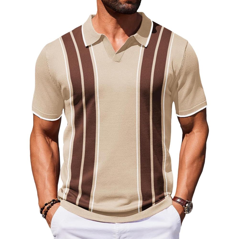 imageCOOFANDY Mens Polo Shirts Short Sleeve Casual Knit Polo Shirt Vintage Golf T Shirts Old Money TopsWhite  Brown