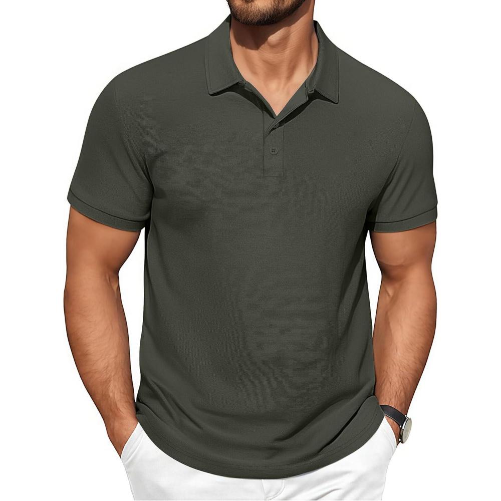 imageCOOFANDY Mens Polo Shirts Short Sleeve Classic Fit Golf Shirts Casual Solid Waffle Collared T ShirtArmy Green