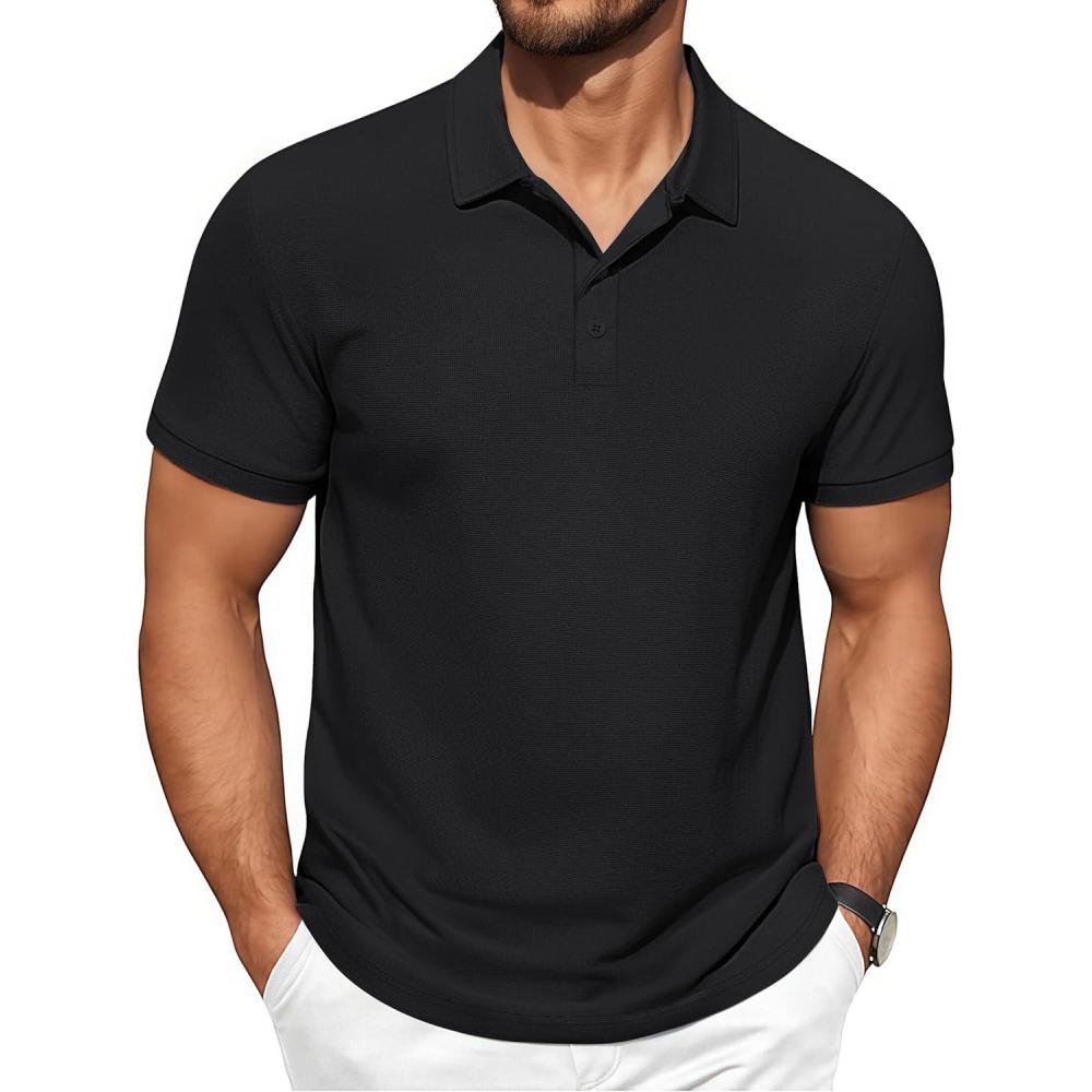imageCOOFANDY Mens Polo Shirts Short Sleeve Classic Fit Golf Shirts Casual Solid Waffle Collared T ShirtBlack