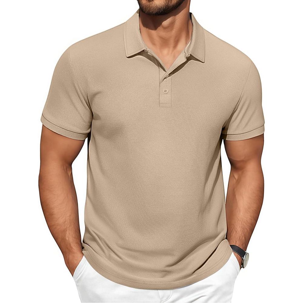 imageCOOFANDY Mens Polo Shirts Short Sleeve Classic Fit Golf Shirts Casual Solid Waffle Collared T ShirtKhaki