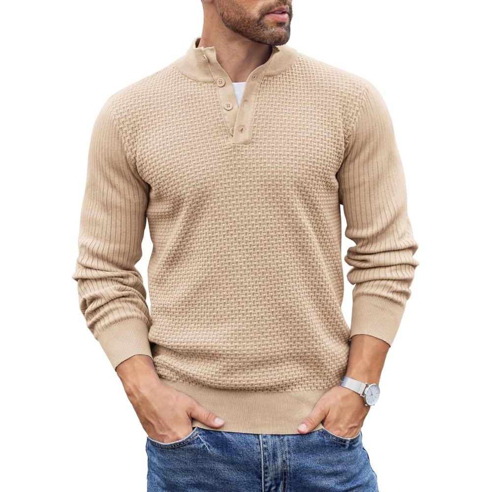 imageCOOFANDY Mens Quarter Button Sweater Lightweight Mock Neck Pullover Sweater Fashion Casual Knitted Waffle Henley SweaterApricot