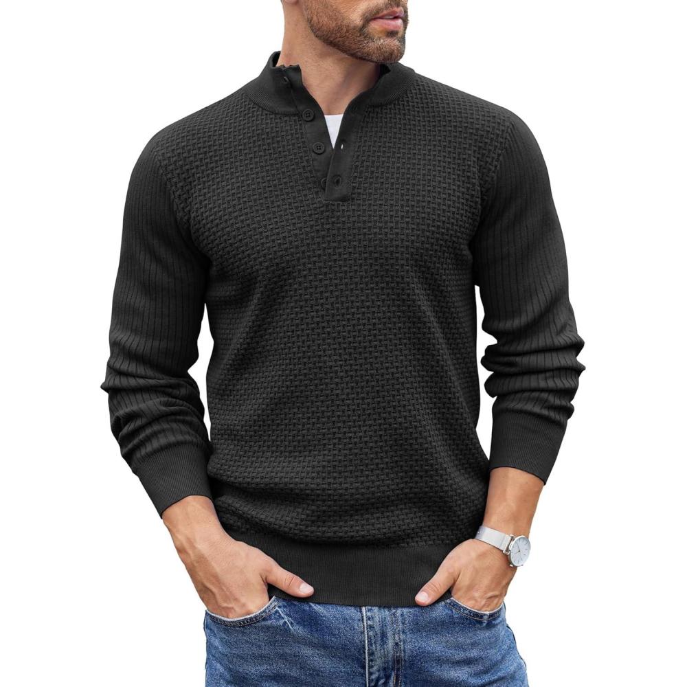 imageCOOFANDY Mens Quarter Button Sweater Lightweight Mock Neck Pullover Sweater Fashion Casual Knitted Waffle Henley SweaterBlack